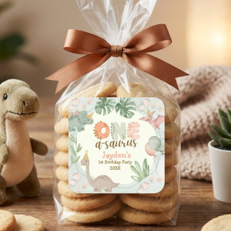 Pegatina Cuadrada Cute Pastel Green Dinosaur One A Saurus Birthday 