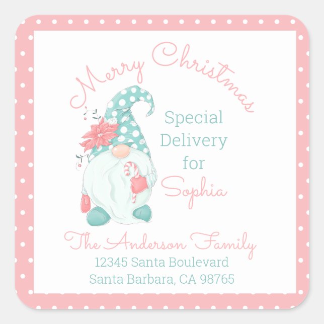 Pegatina Cuadrada Cute Pastel Merry Christmas Nombre personalizado G (Anverso)