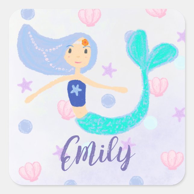 Pegatina Cuadrada Cute Pastel Periwinkle Mermaid Princess Seasheles (Anverso)