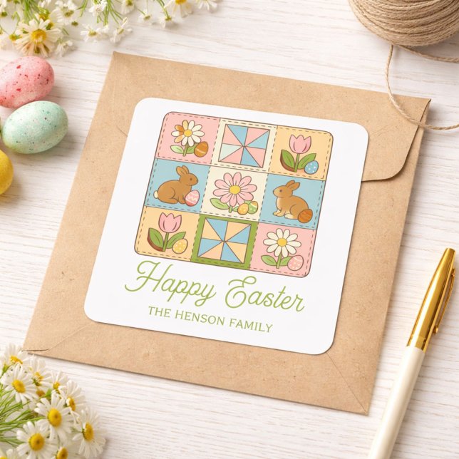 Pegatina Cuadrada Cute patrón de colcha de conejito de Pascua feliz  (Subido por el creador)