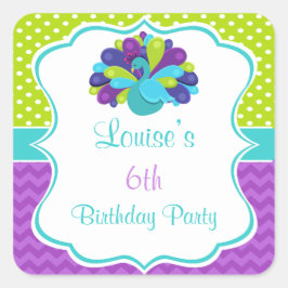 Pegatina Cuadrada Cute Peacock Green and Purple