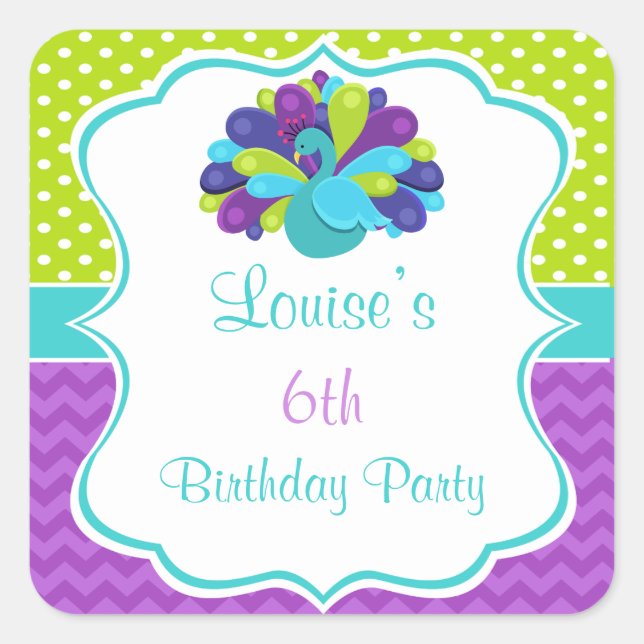 Pegatina Cuadrada Cute Peacock Green and Purple (Anverso)