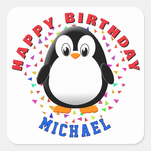 Pegatina Cuadrada Cute Penguin Cartoon Custom Name Birthday (Anverso)