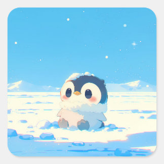 Pegatina Cuadrada Cute Penguin Chick in Starry Arctic Landscape