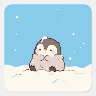 Pegatina Cuadrada Cute Penguin Chick in Winter Snow