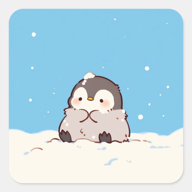 Pegatina Cuadrada Cute Penguin Chick in Winter Snow (Anverso)