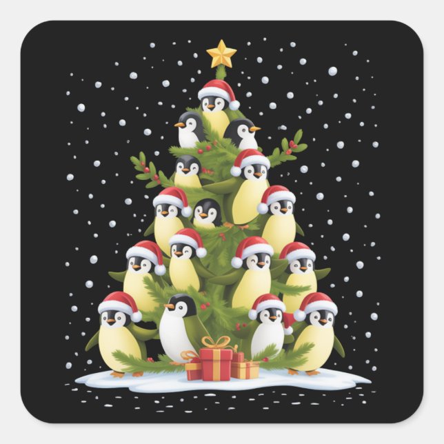 Pegatina Cuadrada Cute Penguin Christmas Tree Funny Holiday (Anverso)