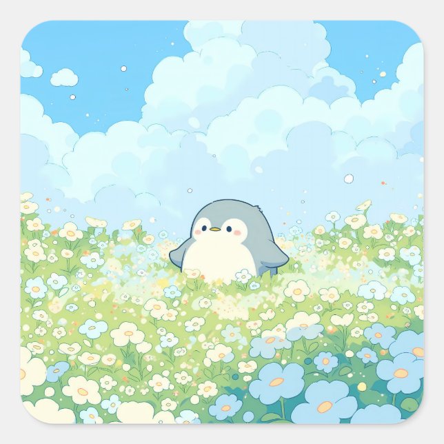Pegatina Cuadrada Cute Penguin in Blue Spring Meadow (Anverso)