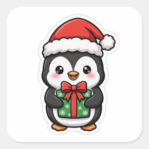 Pegatina Cuadrada Cute Penguin Santa Hat Christmas Sticker