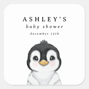 Pegatina Cuadrada Cute Penguin Winter Baby Shower