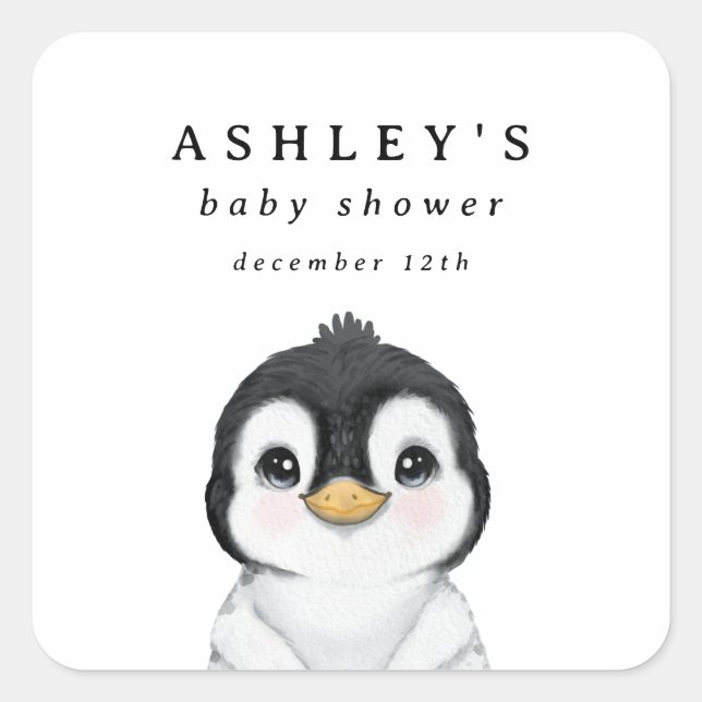 Pegatina Cuadrada Cute Penguin Winter Baby Shower (Anverso)