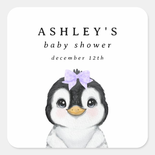 Pegatina Cuadrada Cute Penguin Winter Baby Shower (Anverso)