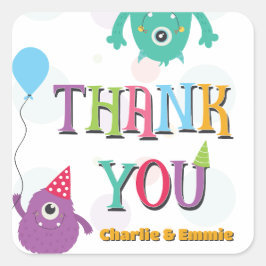 Pegatina Cuadrada Cute pequeños monstruos fiesta de cumpleaños graci