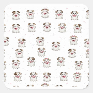 Pegatina Cuadrada Cute Perro Fantasma Bandana de Halloween con Lazo