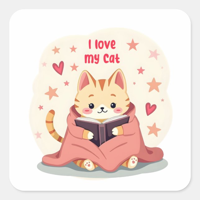 Pegatina Cuadrada Cute persian cat Sticker, reading book cat sticker (Anverso)