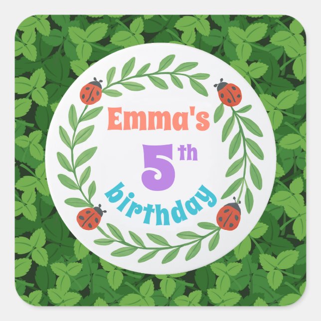 Pegatina Cuadrada Cute Personalizado Ladybug & Leaf 5º cumpleaños (Anverso)