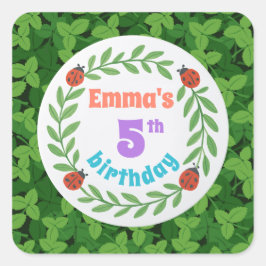 Pegatina Cuadrada Cute Personalizado Ladybug & Leaf 5º cumpleaños