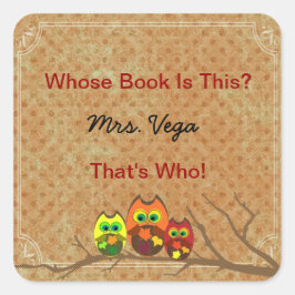 Pegatina Cuadrada Cute Personalizado Owl Teacher's Book Plate Book I