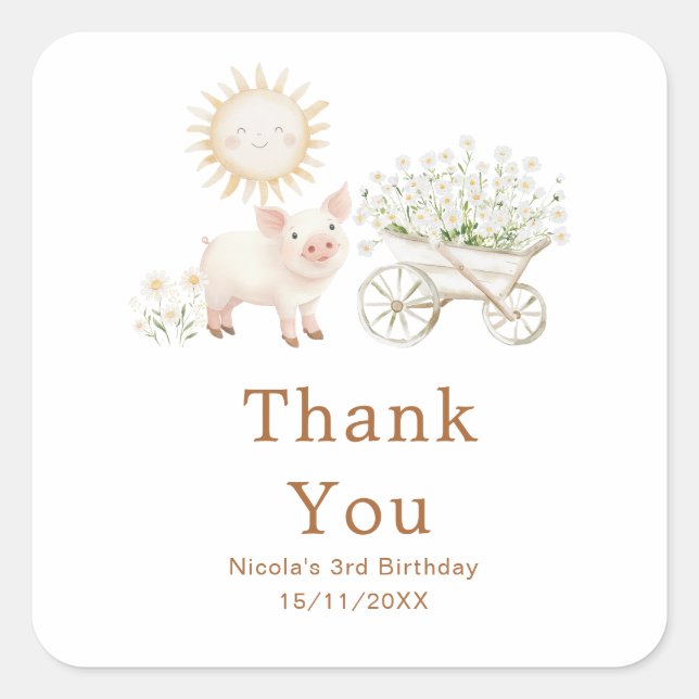 Pegatina Cuadrada Cute Pig Wheelbarrow Birthday Party (Anverso)