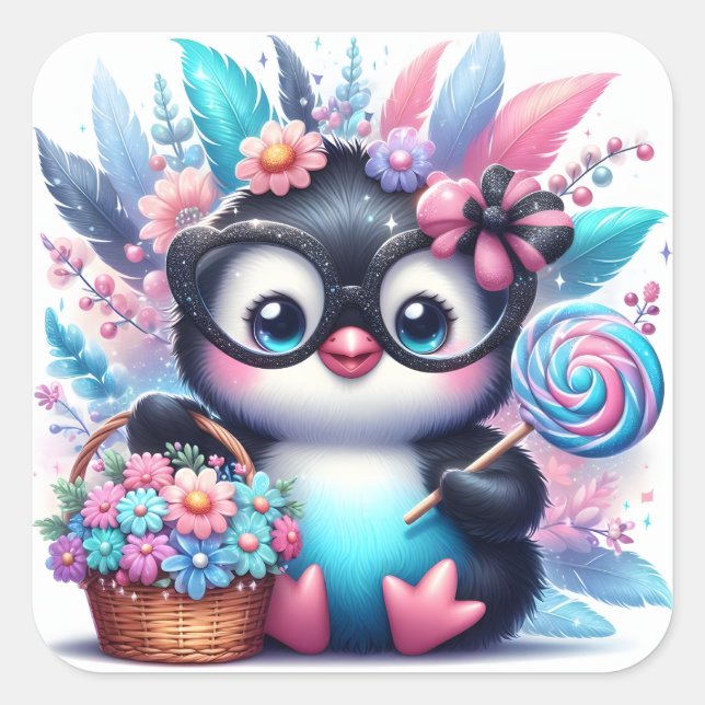 Pegatina Cuadrada Cute pingüino (Anverso)