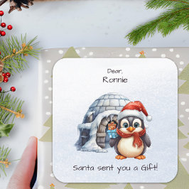 Pegatina Cuadrada Cute pingüino Santa Hat Navidades para niños