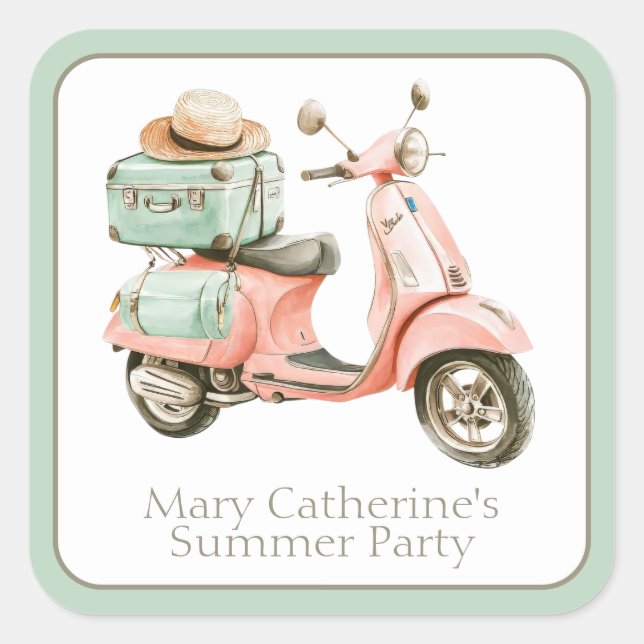 Pegatina Cuadrada Cute Pink and Aqua Coastal Scooter (Anverso)