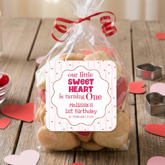 Pegatina Cuadrada Cute Pink and Red Little SweetHeart Turning One