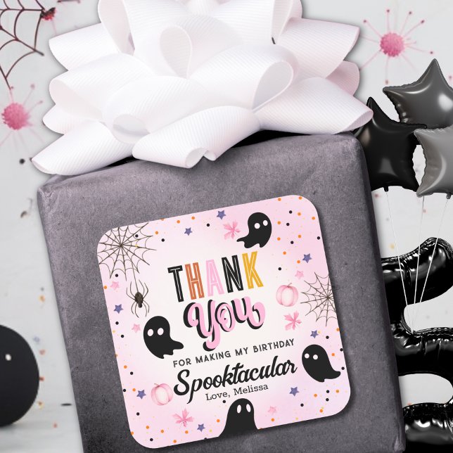 Pegatina Cuadrada Cute Pink Black Spooktacular Birthday Thank You (Subido por el creador)
