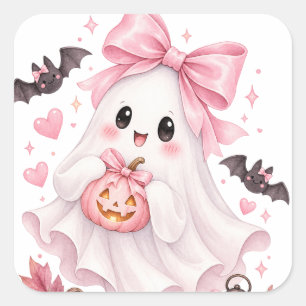 Pegatina Cuadrada Cute Pink Bow Fantasma Halloween Sticker