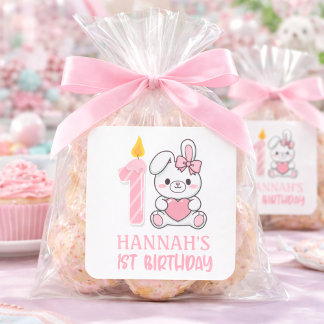Pegatina Cuadrada Cute Pink Bunny Candle Girls First Birthday