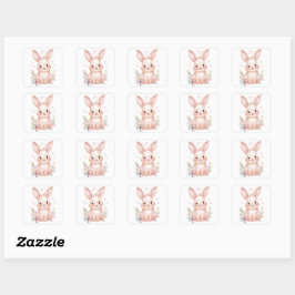 Pegatina Cuadrada Cute Pink Bunny Party Theme Pastel Floral