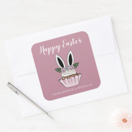 Pegatina Cuadrada Cute Pink Cupcake Bunny Ears Happy Easter