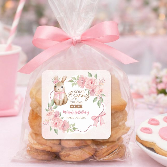 Pegatina Cuadrada Cute Pink Floral Some Bunny Turning One Birthday (Subido por el creador)