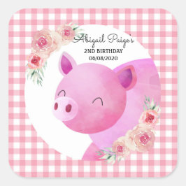 Pegatina Cuadrada Cute Pink Gingham Pig Floral Cumpleaños