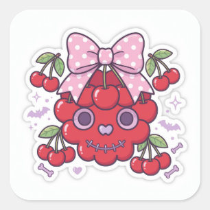 Pegatina Cuadrada Cute Pink Halloween Cherry Skull Sticker - Kawaii 