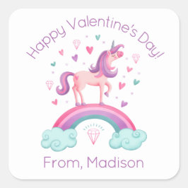 Pegatina Cuadrada Cute Pink Rainbow Unicorn kids Classroom Valentine