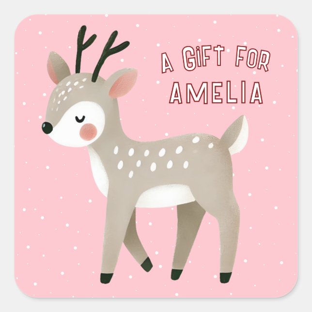 Pegatina Cuadrada Cute Pink Reindeer Kid`s Name Christmas Gift (Anverso)