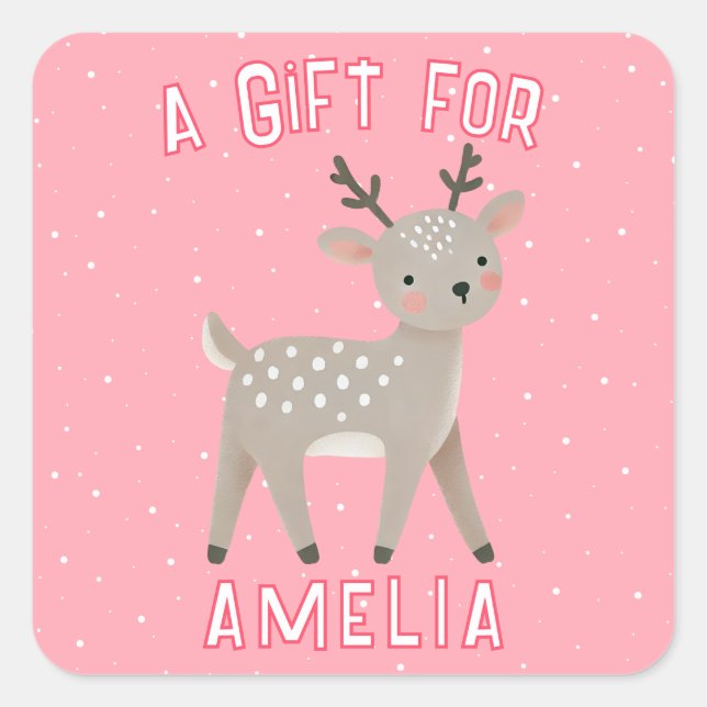 Pegatina Cuadrada Cute Pink Reindeer Kid`s Name Christmas Gift (Anverso)