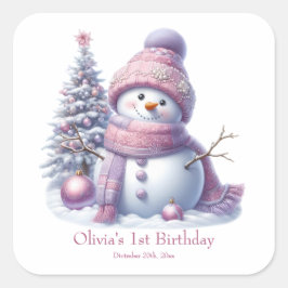 Pegatina Cuadrada Cute Pink Snowman Winter Birthday