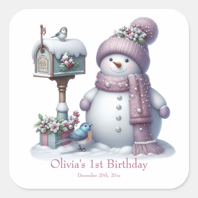 Pegatina Cuadrada Cute Pink Snowman Winter Birthday (Anverso)