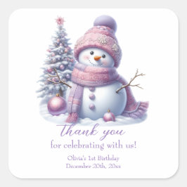 Pegatina Cuadrada Cute Pink Snowman Winter Birthday
