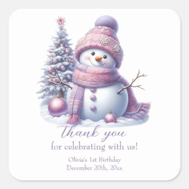Pegatina Cuadrada Cute Pink Snowman Winter Birthday (Anverso)