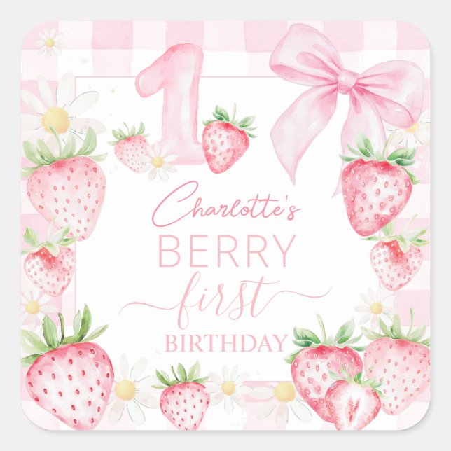 Pegatina Cuadrada Cute Pink Strawberries Berry First 1st Birthday (Anverso)