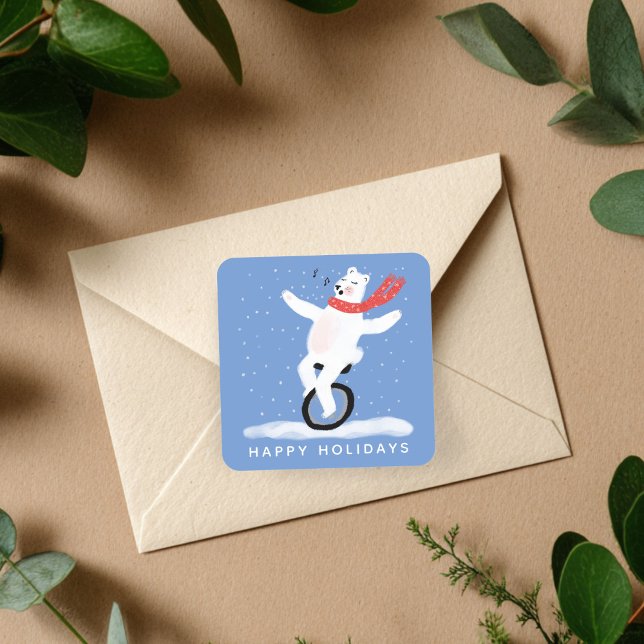 Pegatina Cuadrada CUTE Polar Bear FELIZ FESTIVOS Navidades PERSONALI (CUTE Polar Bear HAPPY HOLIDAYS Christmas CUSTOM Square Sticker
)