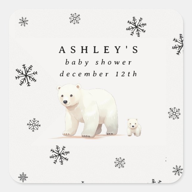 Pegatina Cuadrada Cute Polar Bear Winter Baby Shower (Anverso)