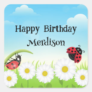 Pegatina Cuadrada Cute Polka dot Ladybug Daisy Flower Birday Party