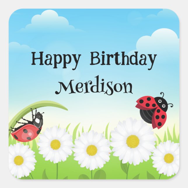 Pegatina Cuadrada Cute Polka dot Ladybug Daisy Flower Birday Party (Anverso)