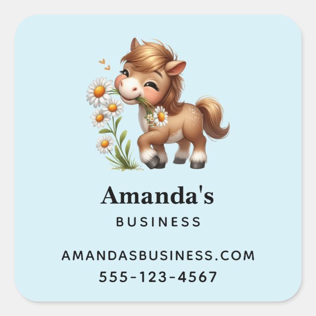 Pegatina Cuadrada Cute Pony Eating Daisies Business (Anverso)