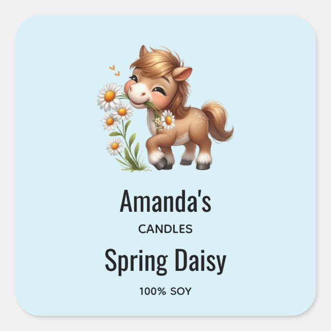 Pegatina Cuadrada Cute Pony Eating Daisies Candle Business (Anverso)