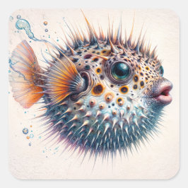 Pegatina Cuadrada Cute Pufferfish Sea Life Art